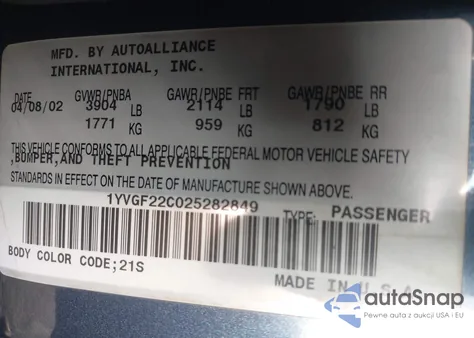 2002 Mazda 626 Lx z USA, uszkodzony, nr VIN 1YVGF22C025282849